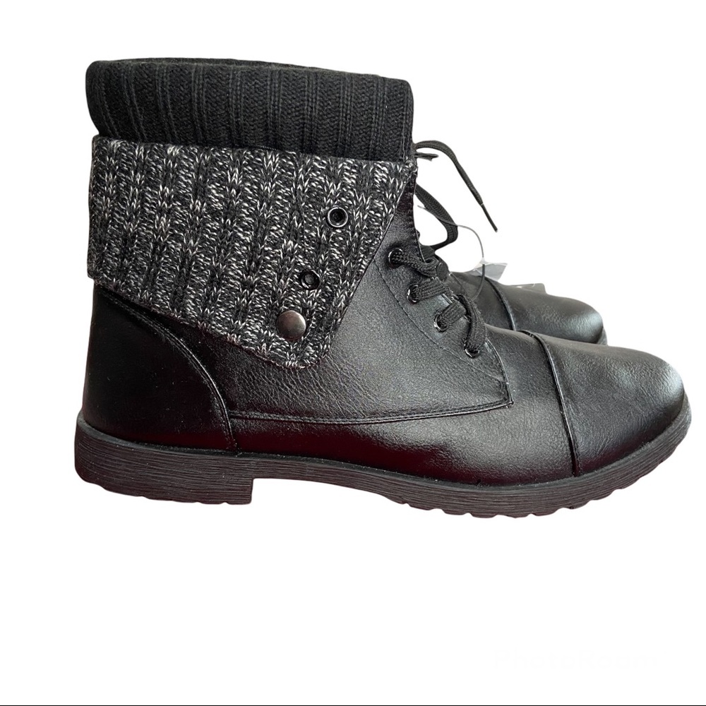 Rue21 Black Ankle Bootie 10 Wide Faux Sweater Sock Faux Leather Lace Front NWT